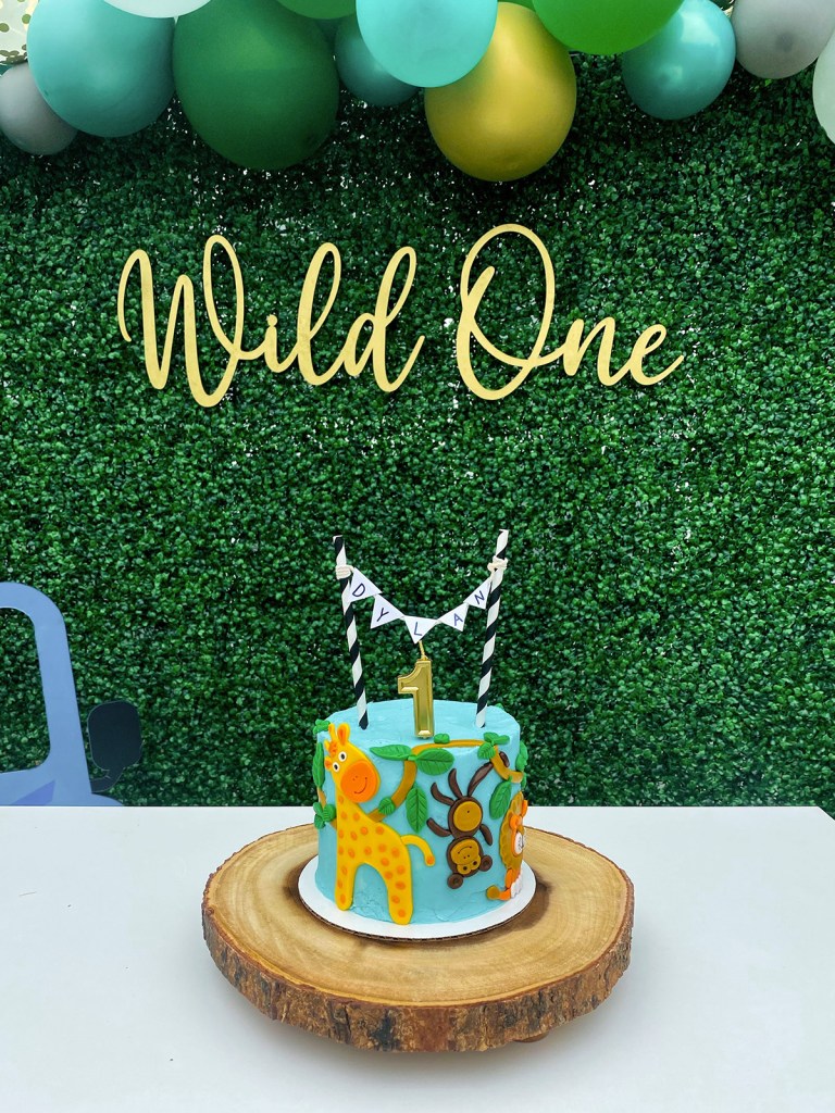 Wild One Birthday Party Safari Cake with Striped Straw Banner Cake Topper
