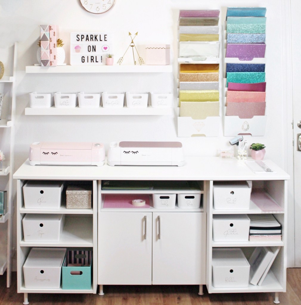Office Inspiration, Pink and White Office, Craft Room, Cricut Storage, She Shed